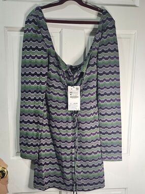 Wavy Stripe Front Ribbon Dress in Green & Purple